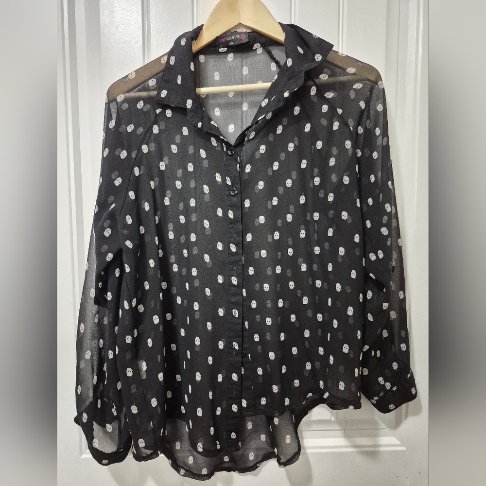 Womens Candy Couture Sheer Skull Print Blouse Size Large